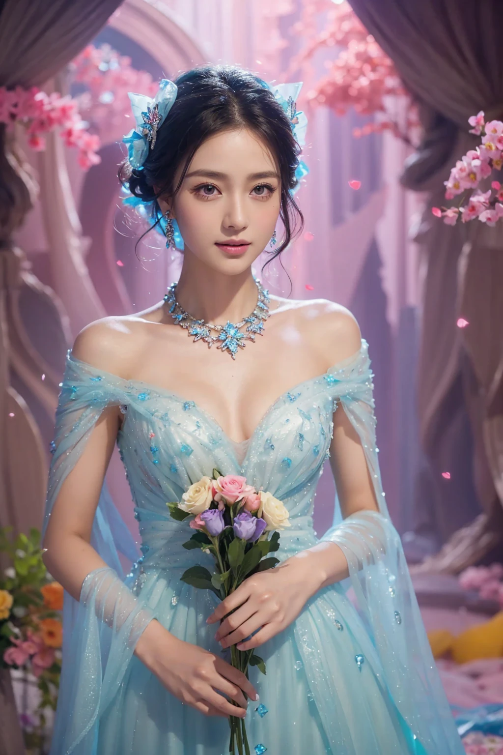 1 woman, 20 years old (Sexy, detailed and beautiful face:1.2), normal breasts, wavy hair, updo, forehead, ice hair bow, beautiful eyes, ((ice wedding dress)), (shining colorful fluorescent dress effect:1.5), evil smile, Gorgeous gems and jewels, necklace, earring, bracelet, holding flowers, frozen dark cave, (upper thigh shot:1.2), (masterpiece, top quality, best quality, official art, beautiful and aesthetic:1.2), uhd, mackerel, xxmixgirl,