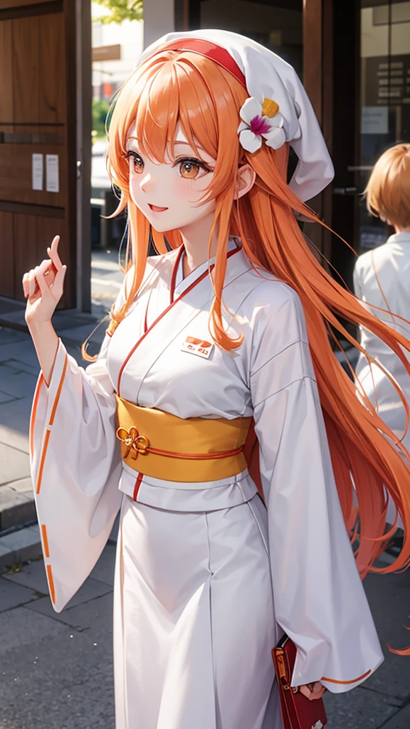 White and orange gradient hair、long hair、Wavy Hair、One Girl、cute、Festivals、White yukata、front