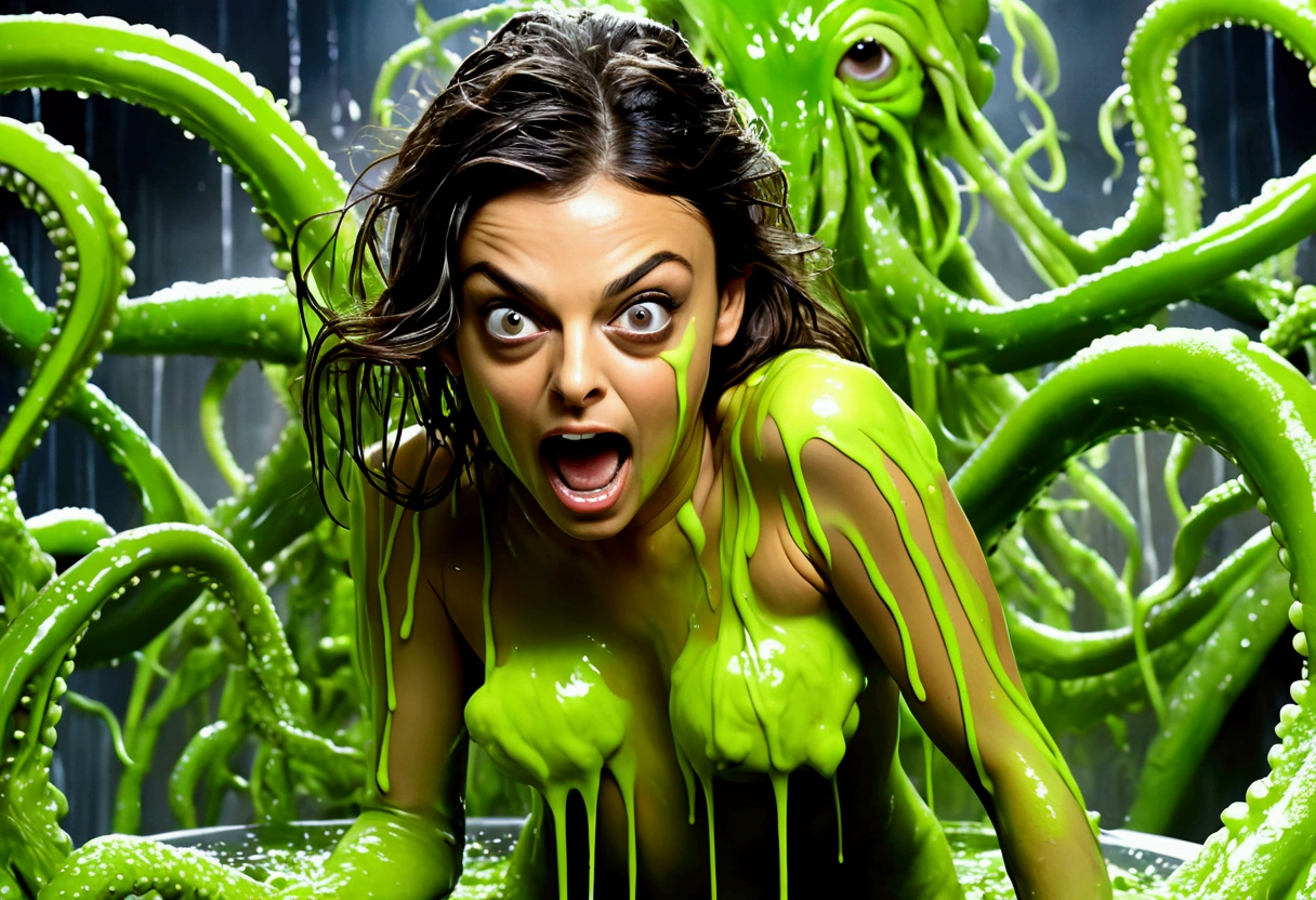 (Mila Kunis, 25 years old, nude, covered in slime, scared) tentacle aliens have strapped her to a metal examination table with her butt arched up. Slimy tentacle aliens with big eyes and giant toothy mouths are examining her butt, spreading her butt cheeks and poking at her anus with their tentacles