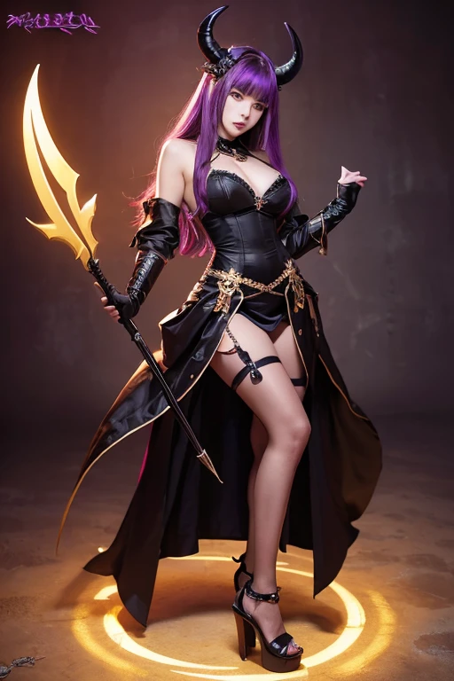 A goddess, beautiful and sister-like, purple and sexy, black short horns, big golden sickle, black clothes and shoes, dark attributes