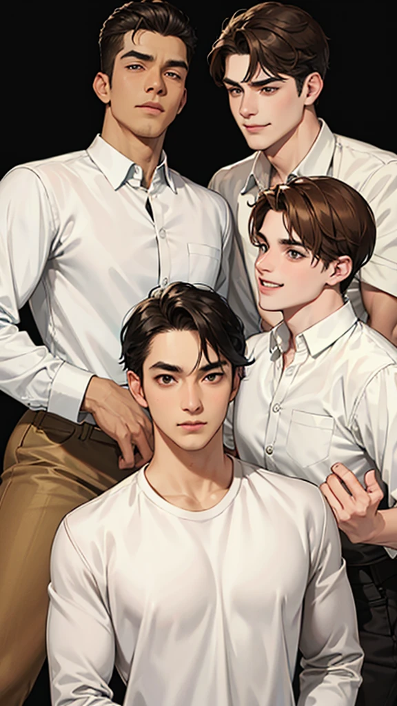 3 men,
black hair, brown hair, golden hair, Eyebrows frowned., gag, smiling, angry, simple background, White shirt