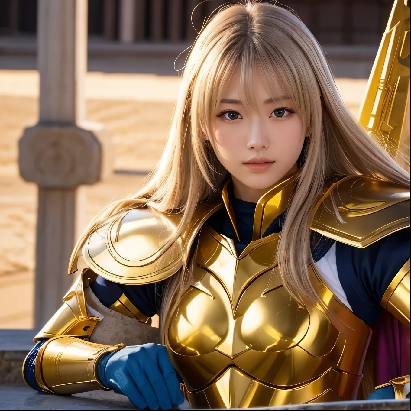 A very beautiful Japanese female knight、23 years old、Equipped with the Leo Gold Cloth from Saint Seiya