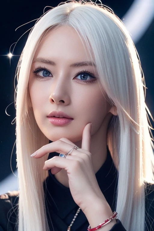 simple hands:0.5)+(Detailed hands:0.7), (masterpiece), (best quality), white hair, red Eye,1 girl, pale skin, white hair, red Eye, two tone hair, eyelash, bracelet, jewelry, Smile, skin sparkling, shiny hair, Detailed and majestic stage, fantasy, long hair, 1 girl, bicolor hair, night sky, Incredibly detailed CG illustration masterpiece, looking at you, japanese manga, beautiful japanese manga Eye, beautiful detailed Eye, Eye, glittering Eye, red Eye, galaxy, nebula, (whole body), (bending),