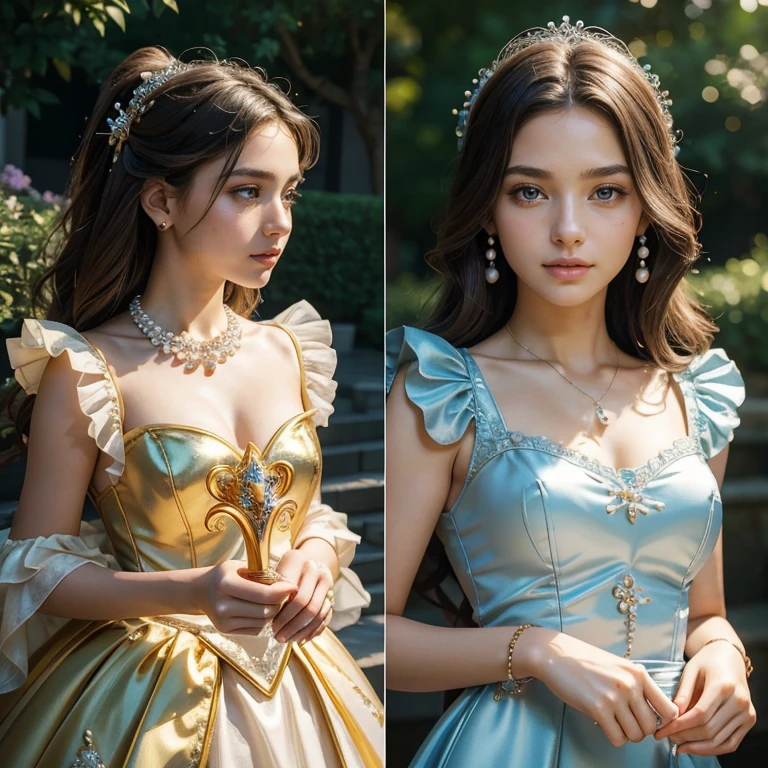 (masterpiece, best quality:1.5), highest quality, High resolution, super detailed, Realists, Upper body photo of a brunette magical girl, detailed and beautiful eyes, beautiful detailed lips, very detailed eyes and face, longeyelashes, shiny satin dress, Holding a magic wand in your hand, Cast a transformation spell, Fish turn into pearl jewelry, Holding a pearl necklace in your hand, Magic wands present and shiny, Beautiful and colorful makeup, elegant and noble々The jewelry bag, Gardens as background, soft daylight, bright colors, fine brushstrokes, Portrait style, Silk dress fabric, beautiful color palette, glowing skin, First-class rendering, that captures every detail, enchanting atmosphere, subtle shadows and lights, (perfect anatomy:1.2), (The two stunning 14 and 12 year old Magical Girls transform fish into pearl jewelry. (a transformation with the magic wand:1.4), (magnificent panorama view:1.2)