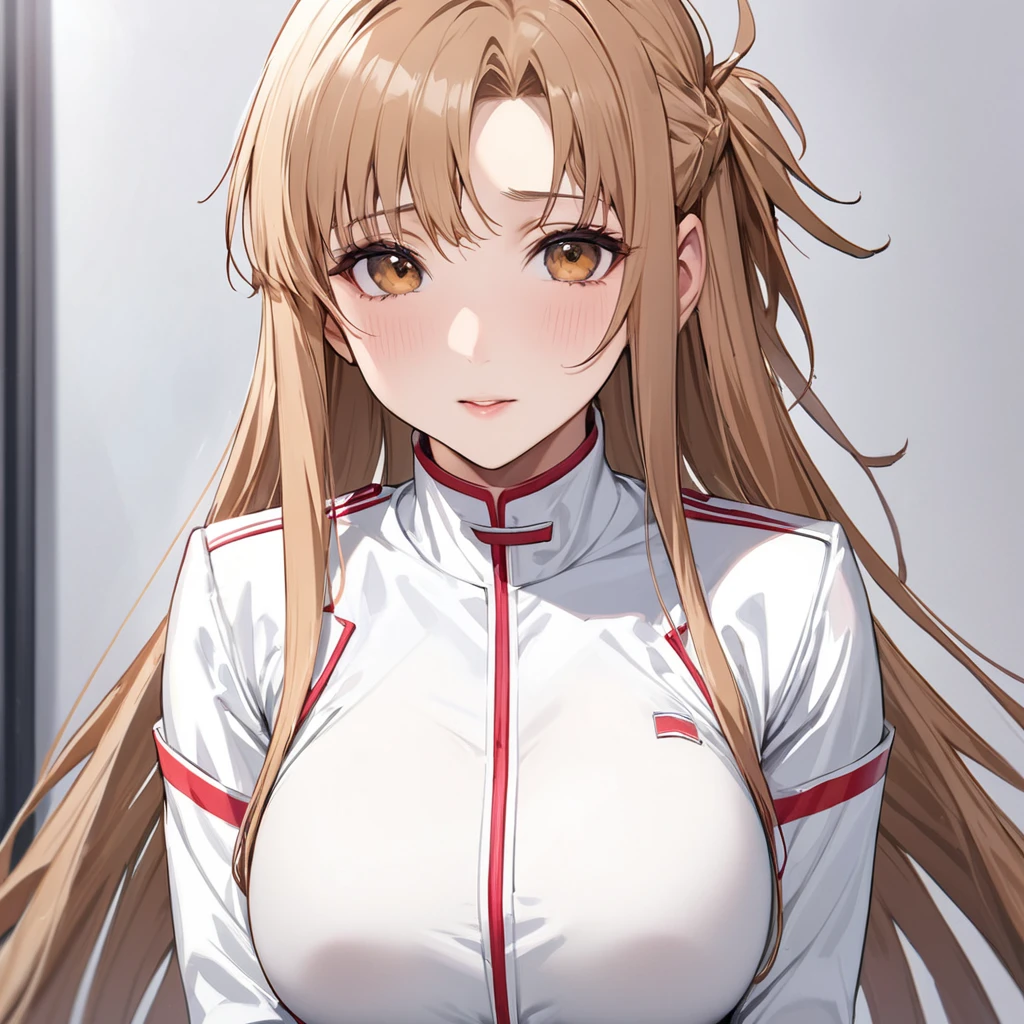 ((Highest quality)), ((masterpiece)), (detailed), (Perfect Face)、The woman is a North Korean named Yuuki Asuna, with light brown, medium-long hair and wearing a white Joy Squad suit.、The woman serves North Korean officials as a member of the pleasure squad.
