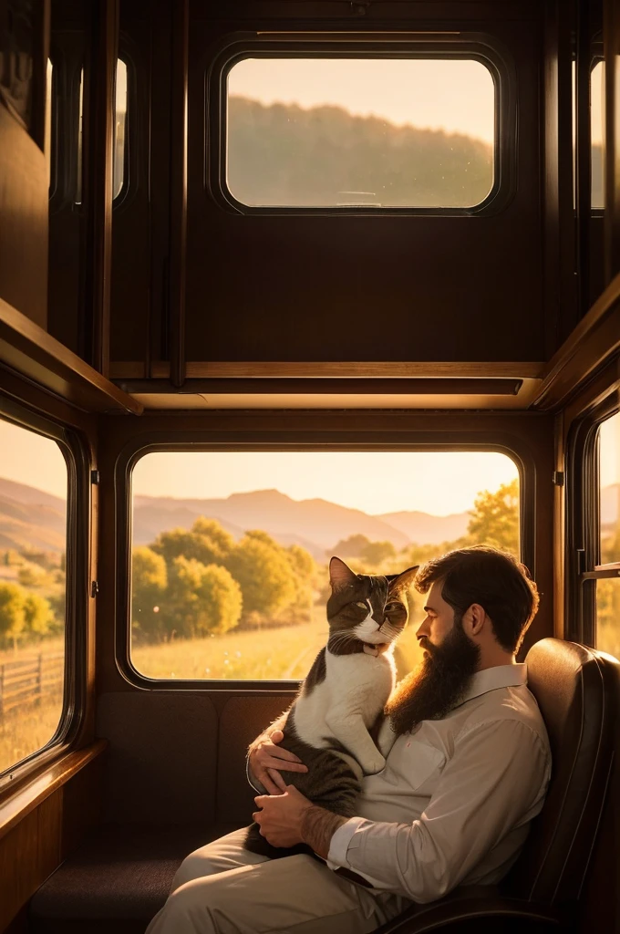 A romantic sunset scene inside a rural train carriage. A handsome, bearded Western man with dark brown hair and a well-groomed mustache is dozing off in his seat. He's wearing a crisp white dress shirt, exuding a sense of refined masculinity. On his lap, a cat is curled up, peacefully napping alongside him. Through the large train window, a picturesque countryside landscape rolls by, bathed in the warm, golden light of the setting sun. The entire image is infused with a dreamy, nostalgic atmosphere, capturing a moment of tranquil intimacy between man and feline companion against the backdrop of a scenic journey.