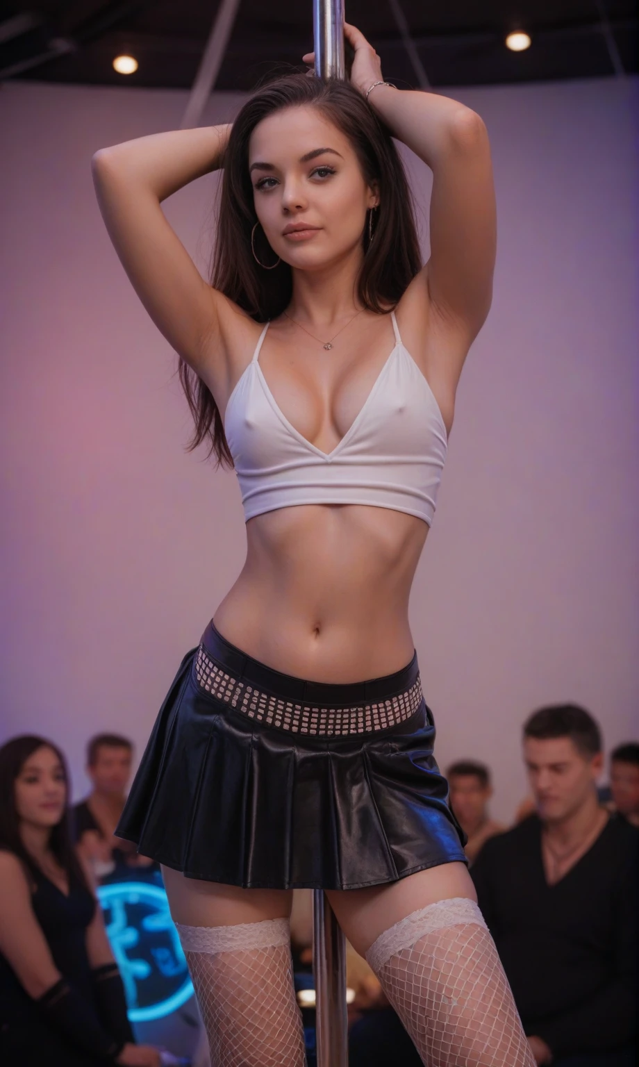 score_9, score_8_up, score_7_up, score_6_up, score_5_up, score_4_up, realistic style, photo, photorealistic, high detail, (sharp), cowboy shot, very skinny stripper, beautiful brunette, very skinny figure, small saggy breasts, short multi-colored top, cleavage, fluffy mini skirt, fishnet stockings, striptease dancing in a club, dark, low light, (night club), tag1, tag2