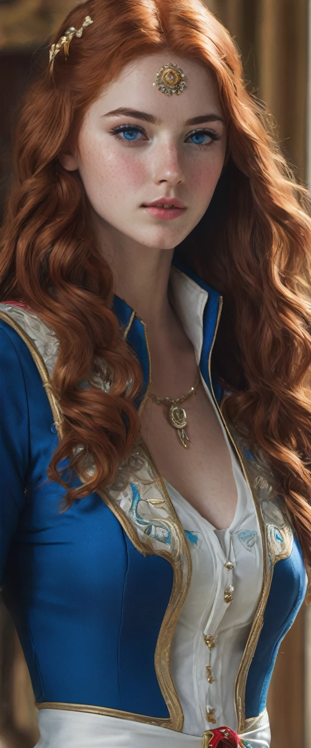 of the highest quality, realist, photorealist, (intricate details, Royal Palace: 1.2), (Subtle details), (intricate details), (cinematic light, super sexy, long wavy red hair, long sexy legs, with mario bros cosplay, medium breasts and large hips. Closeup of upper body, blue eyes freckles on cheeks and chest, charismatic 19 year old young woman.