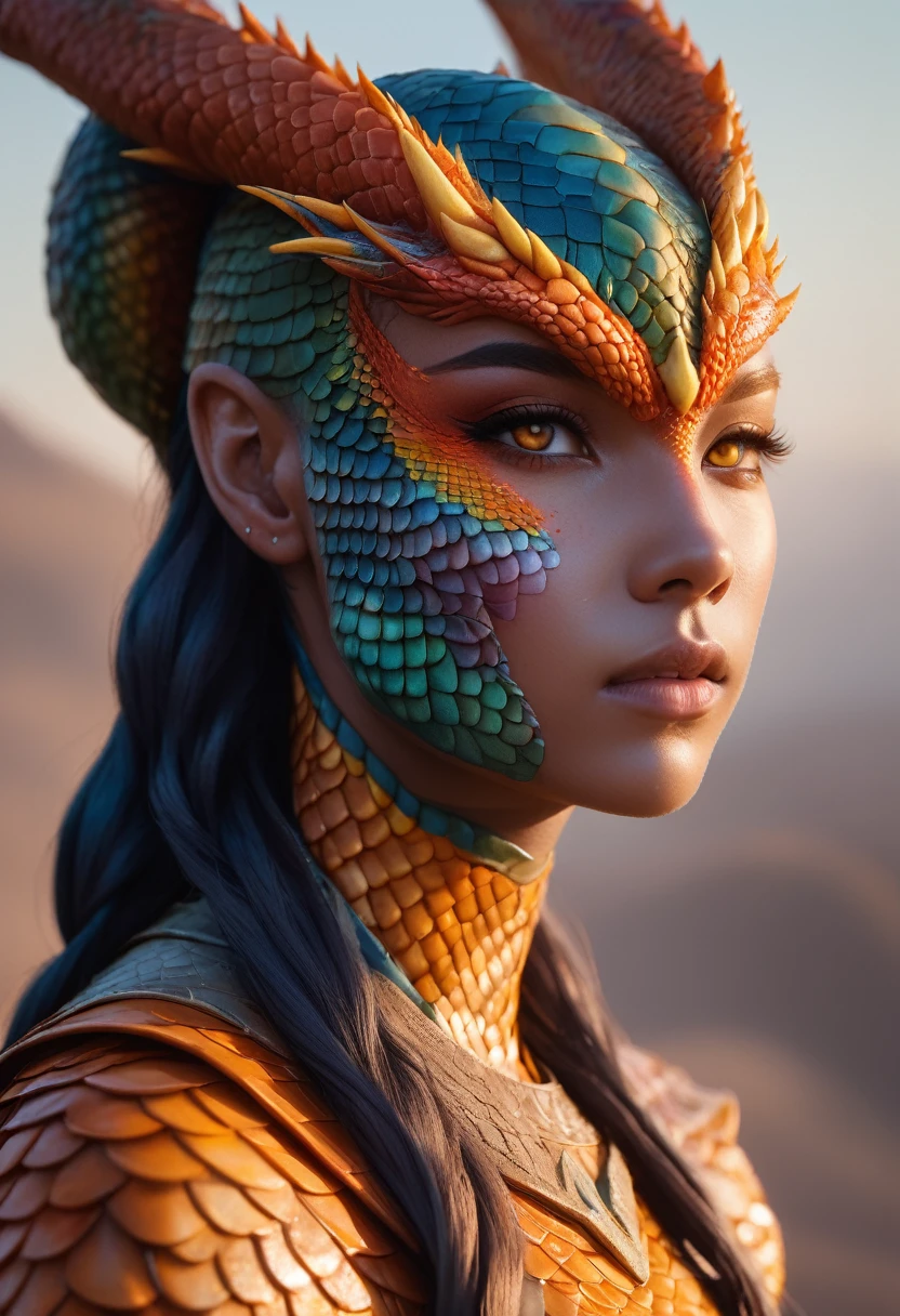 breathtaking This stunning young woman, human dragon hybrid, extreme close-up, covered in green multicolored matte scales as skin, striking orange yellow reptilian eyes, dragon horns. Despite being bald except a braided auburn pony tail, she exudes confidence and strength, her expression conveying a sense of power and determination. dvrscls,style of Don Lawrence, style of (Will Murai:1.2), style of (Greg Rutkowski:0.8), . award-winning, professional, highly detailed