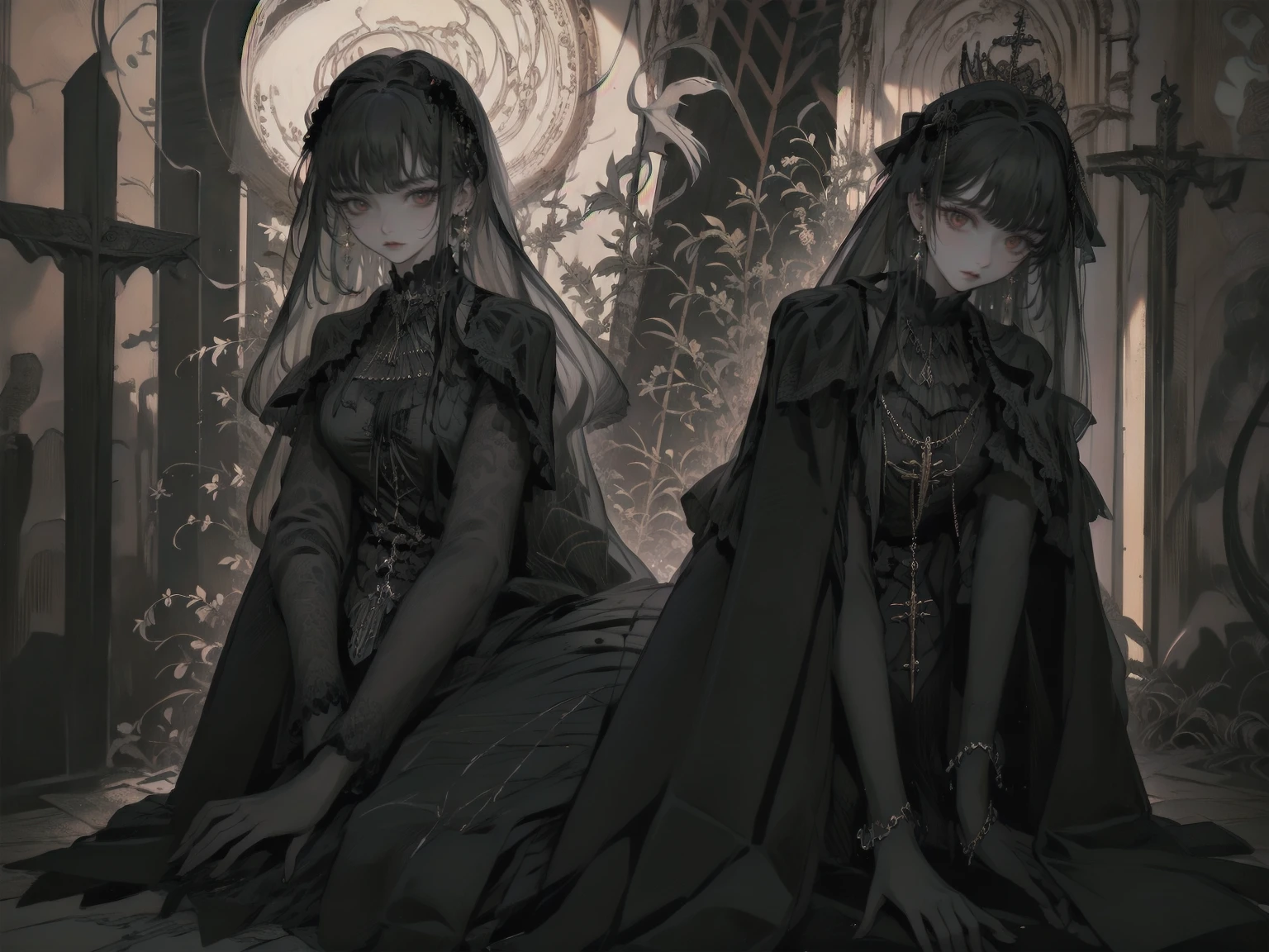 Create an image set with a photorealistic dark chapel, Illuminated only by moonlight, Featuring an anime-style girl character as the central character. She is portrayed as an evil guru., She is wearing a jet black dress with a striking black veil., Pale skin, And long black nails. Her eyes are bright red, Adding to her eerie presence. Pagan God々Surround her with symbols of, Integrating them into the dark chapel environment. The contrast between the realistic chapel and the stylized anime girl should be striking., Emphasizing the integration of various artistic mediums.