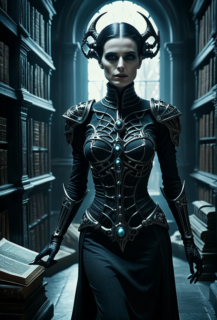 cinematic film still Surreal horror style by grim Sophia Rapata and h.r. giger,surreal abstract art,a female mechanoid-ghoul haunting a ancient library of an evil magician,ghostly garments,bandages,undead woman,depth of field,unsettling,asymmetric abnormalities,surreal masterpiece,insanely detailed,insane imagination illustrated,sharp focus,creepy,never before seen art of an evil mastermind,demented dream,ziprealism, Ultra-HD-details, glow effects, godrays, Hand drawn, render, 8k, octane render, cinema 4d, blender, dark, atmospheric 8k ultra detailed, cinematic, Sharp focus, big depth of field, Masterpiece, 3d octane render, 8k, concept art, trending on artstation, hyperrealistic, extremely detailed CG unity 8k wallpaper, trending on CGSociety, Intricate, High Detail, dramatic . shallow depth of field, vignette, highly detailed, high budget, bokeh, cinemascope, moody, epic, gorgeous, film grain, grainy