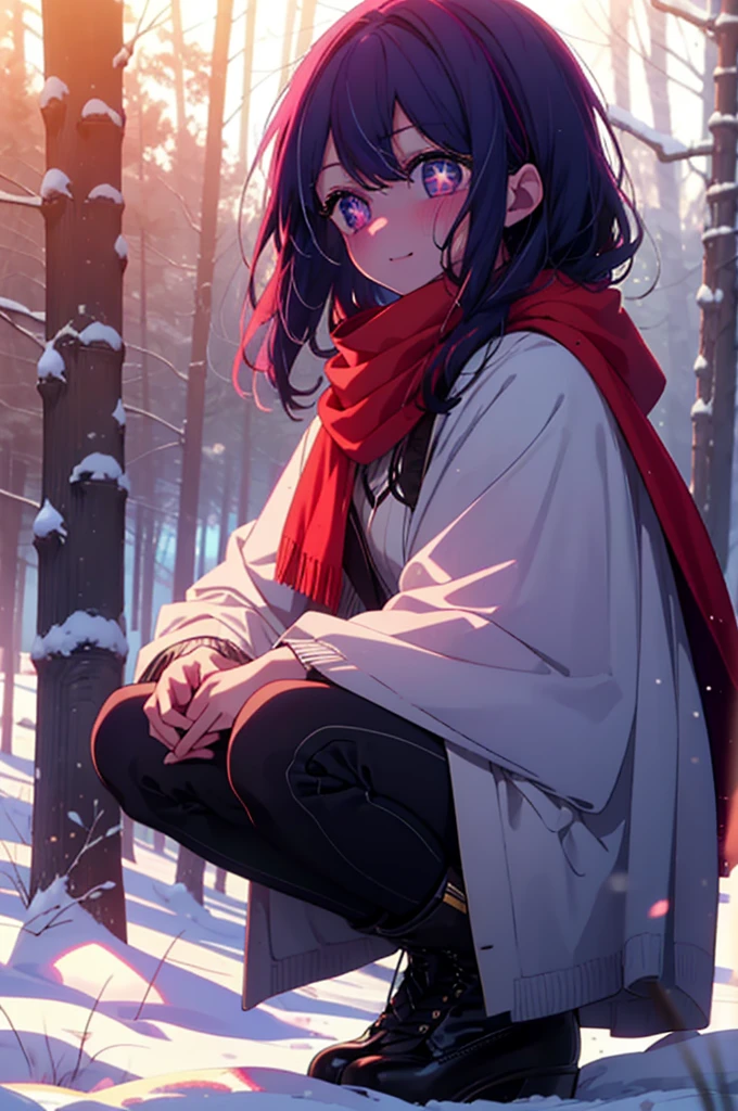 aihoshino, Ai Hoshino, Long Hair, bangs, (Purple eyes:1.1), Purple Hair, (Symbol-shaped pupil:1.5), smile,,smile,blush,white breath,
Open your mouth,snow,Ground bonfire, Outdoor, boots, snowing, From the side, wood, suitcase, Cape, Blurred, , forest, White handbag, nature, Squat, Mouth closed, Cape, winter, Written boundary depth, Black shoes, red Cape break looking at viewer, Upper Body, whole body, break Outdoor, forest, nature, break (masterpiece:1.2), Highest quality, High resolution, unity 8k wallpaper, (shape:0.8), (Beautiful and beautiful eyes:1.6), Highly detailed face, Perfect lighting, Highly detailed CG, (Perfect hands, Perfect Anatomy),