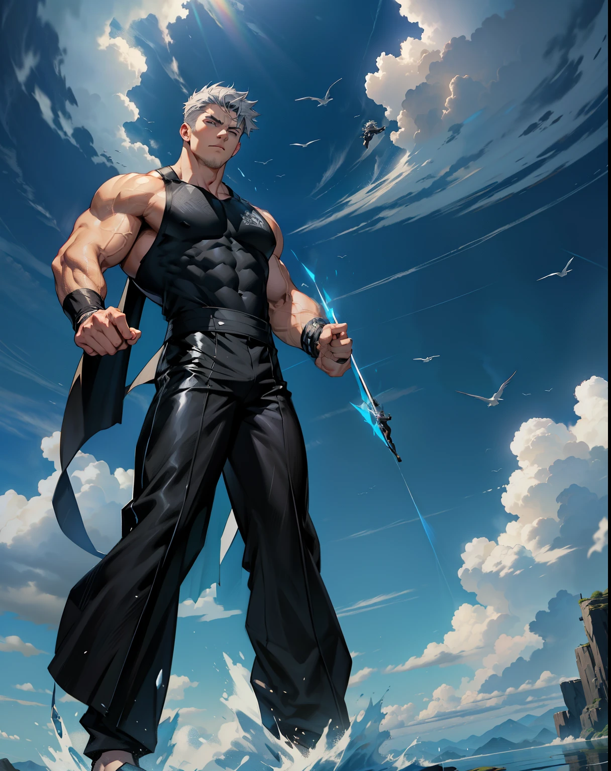 boys 26 Years old, Serious face, muscular, ((black singlets)), black pants, gray hair, flowing capes, floating on air, levitate on sky, blue sky, cloud