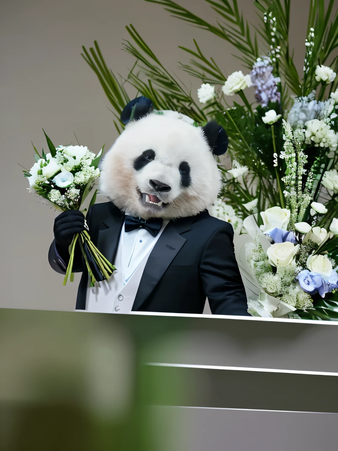 panda，Wearing a suit，On the catwalk，male，model，panda拟人，bridegroom，Holding a bouquet of flowers