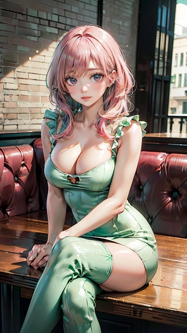 ((Highest quality, 8k, masterpiece :1.3)), (Sharp focus :1.2, Beautiful woman with perfect figure :1.4, Slim Abs), ((Big Breasts, Emphasize cleavage:1.2)), (Photorealistic:1.4), (realistic:1.4), (Pink Hair:1.5), Highly detailed face and skin texture, Fine grain, double eyelid. Makeup face, A little bit of lipstick, sex appeal, Sexy gravure pose, ((A woman wearing a mint green tight dress、Sitting at a table in a stylish cafe、She crosses her legs sexily and smiles seductively。:1.3))