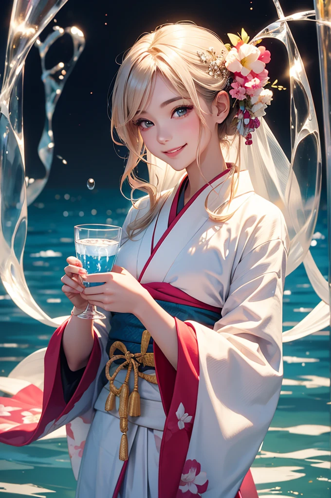 Smiling beautiful woman in a kimono holding a transparent glass of water close to her face