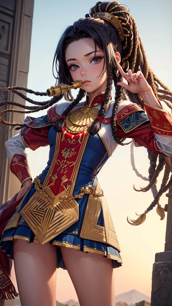 (masterpiece, highest quality, ultra high res, ultra detailed:1.3), A woman looking to the side and blowing a horn, 1 person, Zigzag pattern national costume, Dreadlocks,