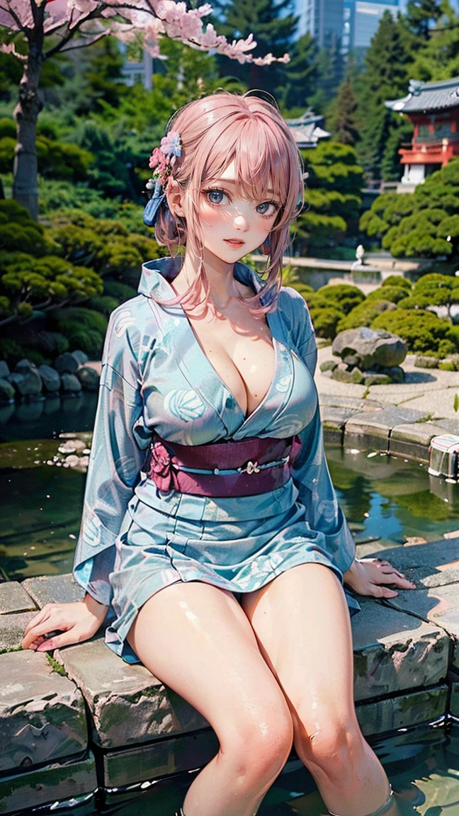 ((Highest quality, 8k, masterpiece :1.3)), (Sharp focus :1.2, Beautiful woman with perfect figure :1.4, Slim Abs), ((Big Breasts, Emphasize cleavage:1.2)), (Photorealistic:1.4), (realistic:1.4), (Pink Hair:1.5), Highly detailed face and skin texture, Fine grain, double eyelid. Makeup face, A little bit of lipstick, sex appeal, Sexy gravure pose, ((A woman wearing a light blue yukata、Flashing her legs while sitting on the cobblestones in a traditional Japanese garden。:1.3))