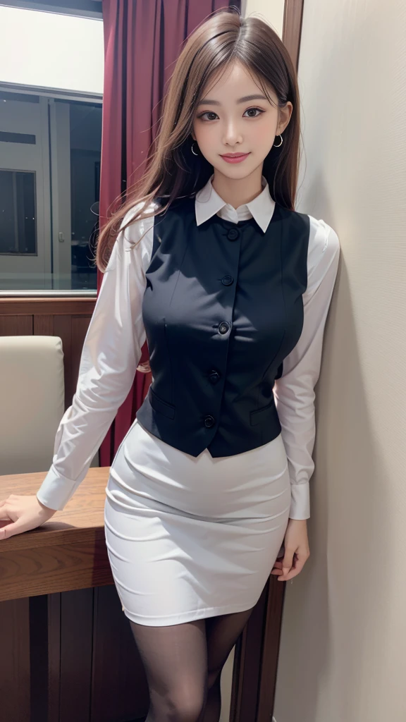 (Best Quality, Masterpiece),Wearing a pink plaid vest, White short sleeved shirt, Gray pencil skirt, Wear stiletto heels, Necklace, earrings, Cute face, Smile, Blushing, Shyness, Glass wall, Ultra Detail, Realistic, Front view, Whole body, stunning, cute, warm smile, hourglass figure, apron, text, chart, advertising, magazine title(Best Quality, Masterpiece), Mag((((1ladyl,)))) (masterpiece), (realistic), (best quality), (ultra-detailed), (wearing in [[white and gray check pattern]] Vest worn over white collared long-sleeved shirt:1.4), (gray vest with buttons:1.2), (Pink Theme:1.2), (blue ribbon ribbon:1.3), (Black theme:1.4), (Tight black pencil skirt:1.5), ((Brown pantyhose)), (high-heels:1.1),longskirt,office desk, office chair,Lulubre Unity 8K Wallpaper, pantyshot, long brown hair, office lady Magazine Cover, 1girl,  amazing, girl, 30 years old, house wiife, warm smile, hourglass figure, text, chart, advertising, magazine title