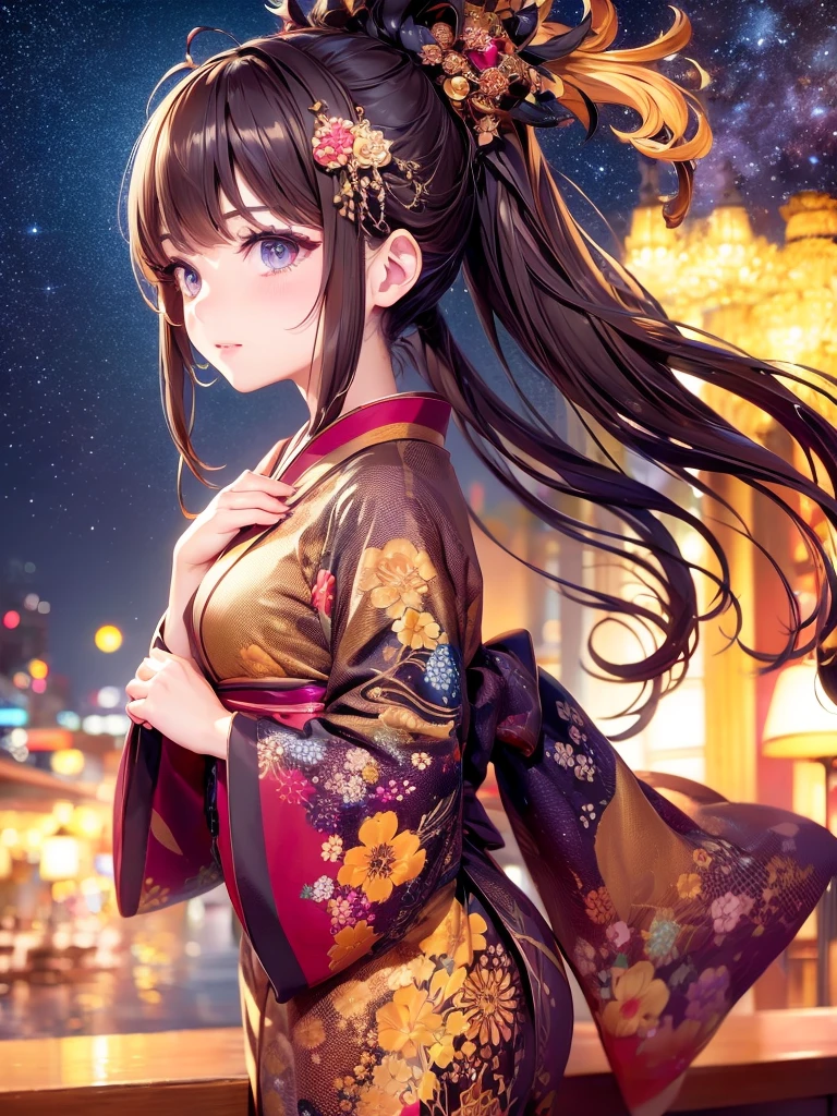 Masterpiece High resolution Highest quality Fractal art Fireworks in the night sky Fantastic flower field at night Beautiful girl with long brown hair in a yukata Profile Yukata with tied hair Hairpin Fantastic background Korean glitter eye makeup Mature older woman Fantasy art