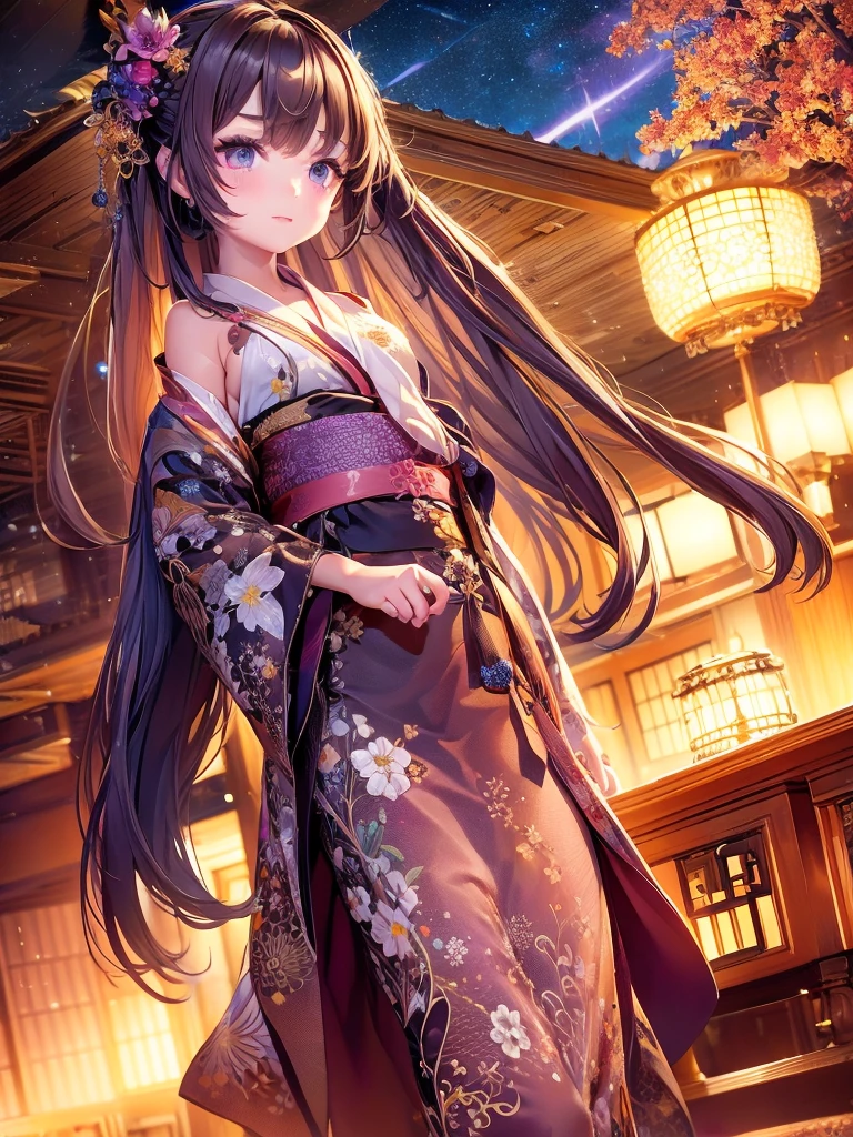 Masterpiece High resolution Highest quality Fractal art Fireworks in the night sky Fantastic flower field at night Beautiful girl with long brown hair in a yukata Profile Yukata with tied hair Hairpin Fantastic background Korean glitter eye makeup Mature older woman Fantasy art