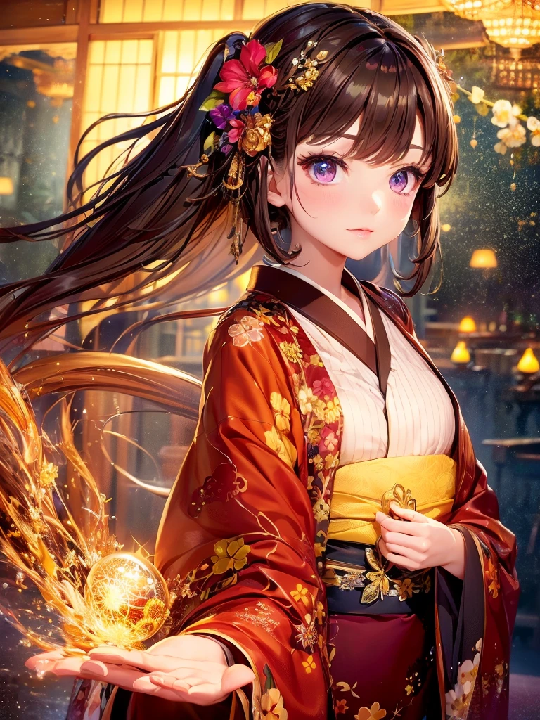 Masterpiece High resolution Highest quality Fractal art Fireworks in the night sky Fantastic flower field at night Beautiful girl with long brown hair in a yukata Profile Yukata with tied hair Hairpin Fantastic background Korean glitter eye makeup Mature older woman Fantasy art