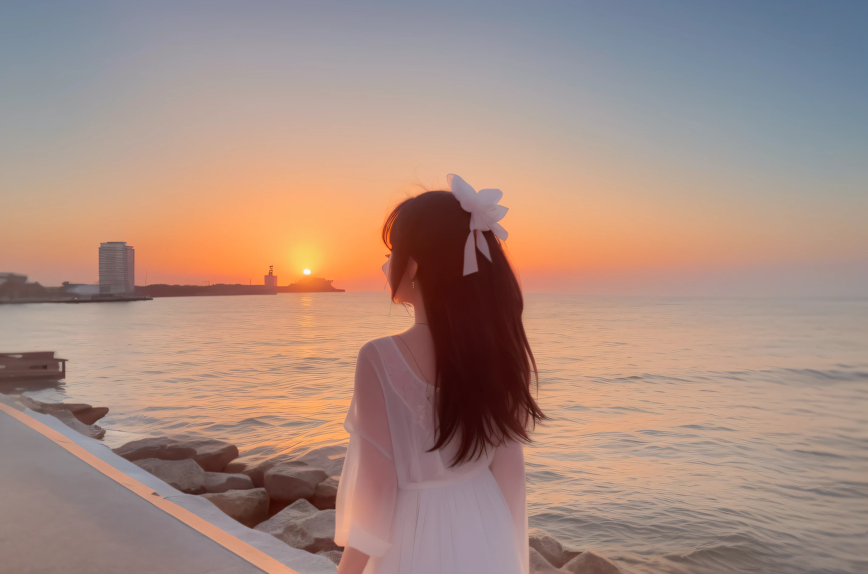 there is a woman standing on a pier looking out at the water, With sunset, with a sunset, girl watching sunset, watching the sunset, at a beautiful sunset, late sunset, looking out at a sunset, late sunset, looking out at a sunset, prime time, watching the sunset, In the sunset, ((Sunset)), in soft dreamy light at sunset