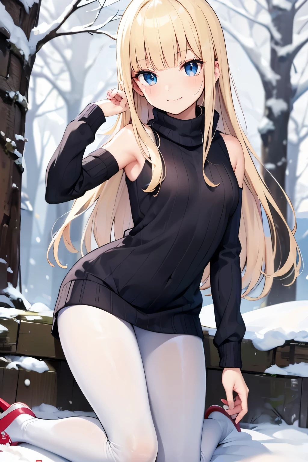 Safe for work, masterpiece, best quality, solo, 1 girl,  cute girl, wholesome girl, (young female body:1.4), ( medium small breasts), cowboy shot, shy smile, flustered, yellow hair, voluminous wavy hair, extra long hair, hime cut, very blunt bangs, light blue eyes, detailed eyes, snowy forest trees, snow, hiromashimav1, virgin killer swearer, black knitted jumper, sleeveless knitted sweater, oversized black sweater, white pantyhose, sitting in the snow, kneeling on the ground snow, white pantyhose, black shoes