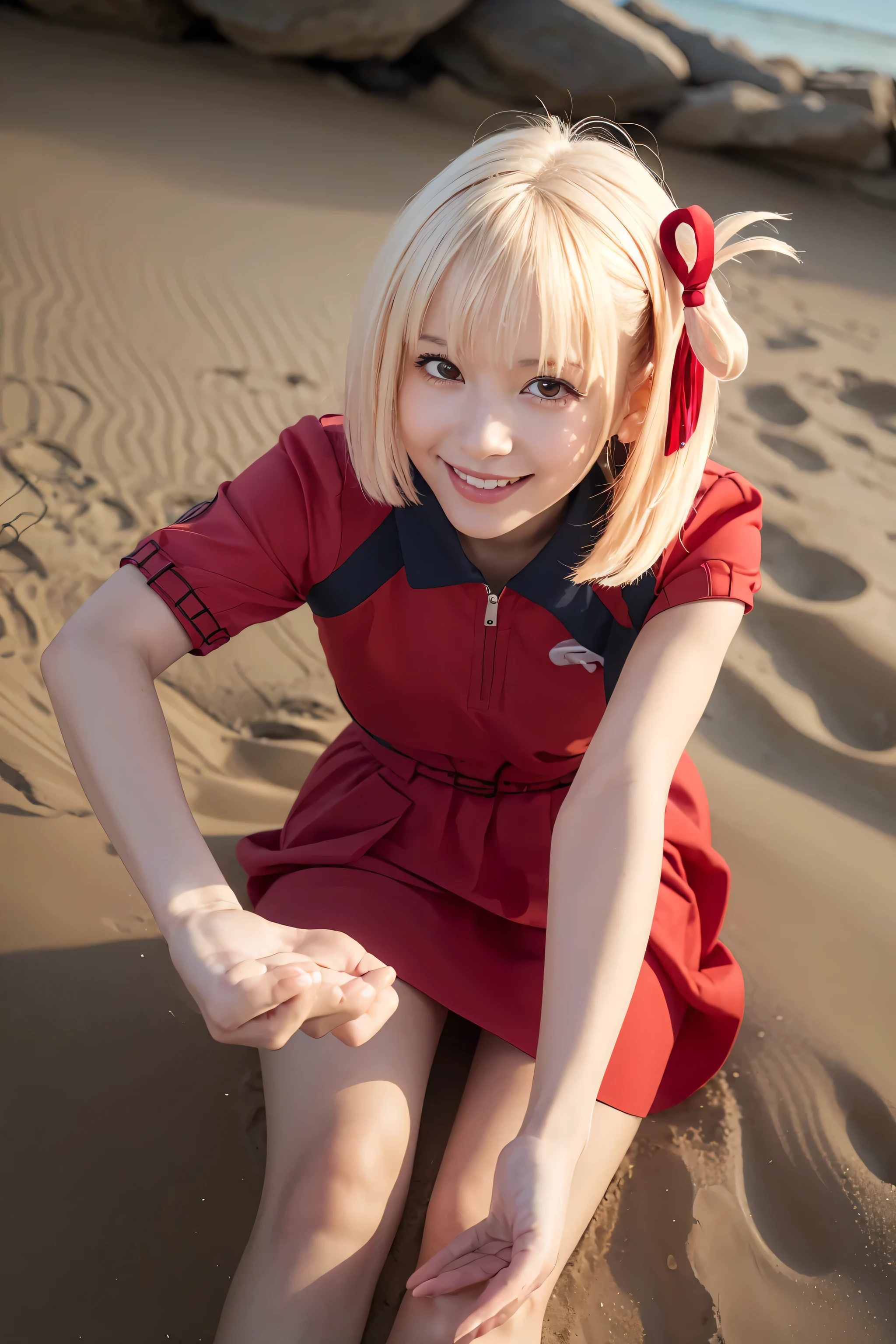 masterpiece, Highest quality, detailed), One girl, alone, chisato nishikigi, Blonde, (Red eyes:1.2), short hair ,View your viewers, Hair Ribbon, parted lips, white sand beach, leaning forward,From below, cute smile,