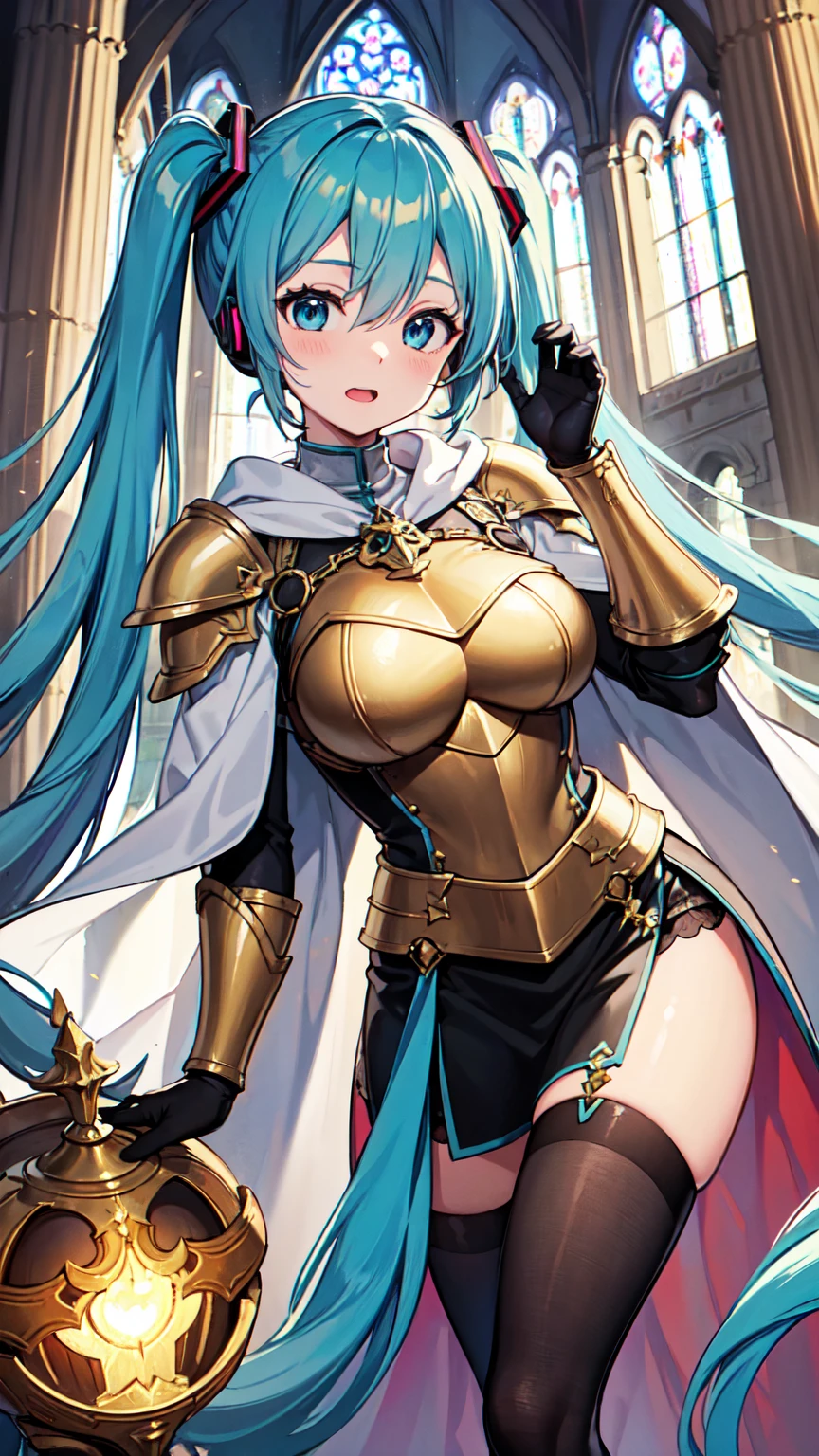 masterpiece, Highest quality, 8K Hatsune Miku VOCALOID, Light blue hair、Bright Blue Eyes、 1 female, Big Breasts, Equip Cloak, {{The armor is white and gold}}、{{Gold sculpture}}, {{Full Armor}}, ((Dragon Knight Armor)), black tights, church