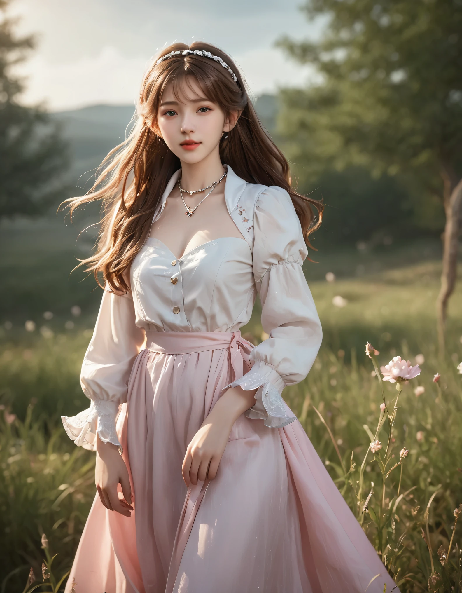 (masterpiece, best quality:1.4), (future days), (full of white flowers), (1girl), ((18 years old)), solo, (european youth:1), aerith gainsborough, choker, cropped jacket, hair bow, bracelet, (((red jaket))), (((pink dress))), brown boots, very long hair, hair ribbons, hair flowers, strapless red dress, high heels hyperrealistic, high detailed skin, dslr, soft lighting, high quality, highly detailed face, highly detailed skin, skin pores, subsurface scattering, realistic pupils, huge breast, full face blush, full lips, detailed background, depth of field, volumetric lighting, sharp focus, absurdres, realistic proportions, good anatomy, ((light smile)), ((looking at viewer)), ((cowboy shot)), (realistic, hyperrealistic:1.4), 16k hdr, medium breasts, show vagina, spread legs.