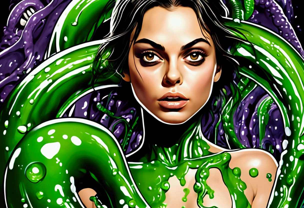 (Mila Kunis, 25 years old, nude, covered in slime, scared) tentacle aliens have strapped her to a metal examination table with her butt arched up. Slimy tentacle aliens with big eyes and giant toothy mouths are examining her butt, spreading her butt cheeks and poking at her anus with their tentacles
