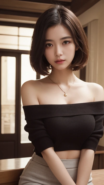 (RAW Photos, Highest quality), (Realistic, Photorealistic:1.1), Highest quality, masterpiece, beautifully、aesthetic, 16K, (High resolution:1.2), High Contrast, (Bright colors:1.3), (Calm colors, Dim color, Calm tone:0), Cinema Lighting, Ambient Lighting, Side light, Exquisite details and texture, Cinematic shots, Warm Tones, (Bright and intense:1.1), Wide Shot, by xm887, ultra Realistic illustration, Siena Natural Ratio, whole body、 (Tearful expression:0.8), Black loose, ((Very low cut off-the-shoulder jersey sweater, Cleavage:1.3、Tight mini skirt)), An attractive and playful smile, Large sagging breasts, Broken glass effect, Cafe Background, Bright light, amazing, Something that doesn't exist, Mythical, There are, energy, Molecular, texture, Rainbow glowing scales, Breathtaking beauty, Pure perfection, The existence of God, Unforgettable, impressive, Breathtaking beauty, Volumetric Light, aura, light, Bright colorsが映し出す, whole body、18age、