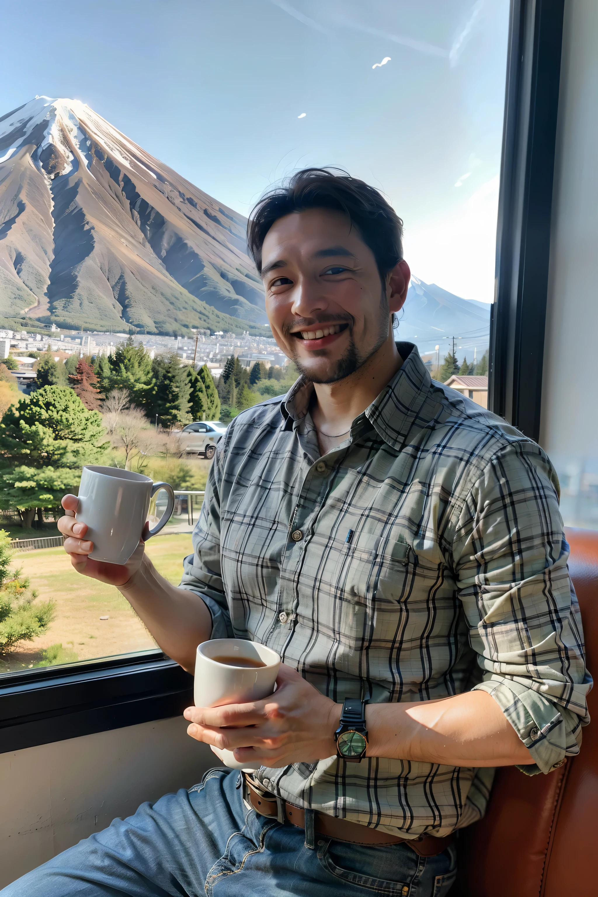 Raising a 40-Year-Old Man, smiling happily, No glasses, Holding a colorful mug in hand, The other hand gestures like,Green plaid shirt and jeans, Brown eyes, The screen is flawless.Mount Fuji is in the background outside the window