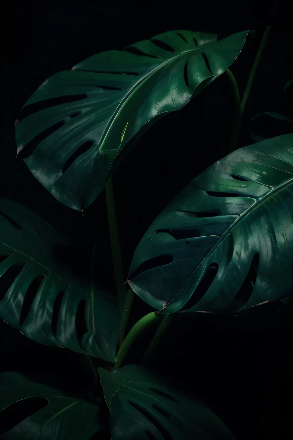 a dark bluemonstera leaves,neon lighting,black background,bioluminescent,glowing,vibrant colors,dramatic lighting,atmospheric,moody,cinematic,cinematic lighting,high contrast,dramatic shadows,surreal