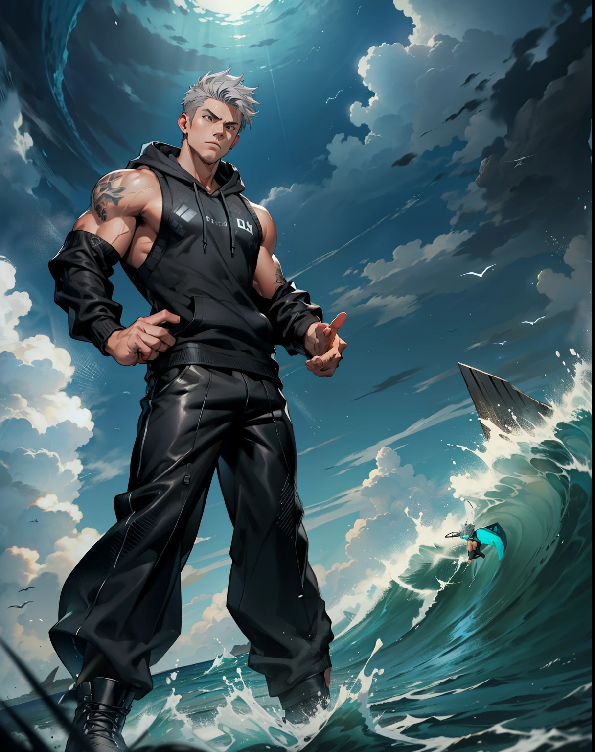 boys 26 Years old, Serious face, muscular, gray hair, ((black sleeveless sweater, hoodie)), black pants, high-cut boots, standing in ocean, storm weather,
