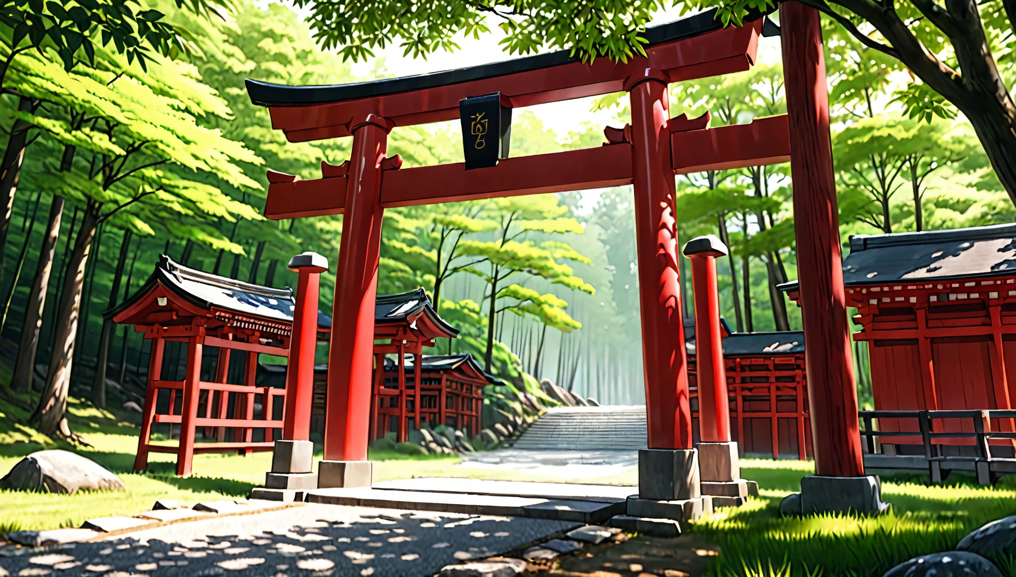 a detailed japanese countryside landscape, shinto shrine, torii gate, summer, sunny day, midday, (best quality,8k,highres,masterpiece:1.2),ultra-detailed,(realistic,photorealistic,photo-realistic:1.37),HDR,UHD,studio lighting,ultra-fine painting,sharp focus,physically-based rendering,extreme detail description,professional,vivid colors