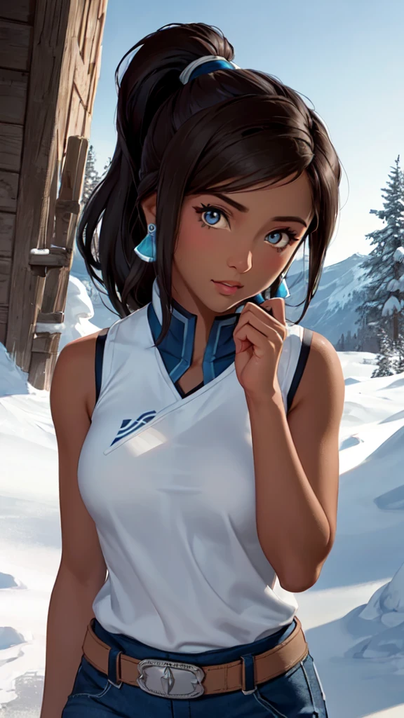 (korra:1.2), muscular woman, (ponytail, hair tubes:1.2), sleeveless, bare shoulders, brown hair, blue eyes, dark blue pants, winter background, snow, winter village, (tan skin, dark skin, dark-skinned female:1.5), (realistic:1.2), (masterpiece:1.2), (full-body-shot:1.2),(Cowboy-shot:1.2), neon lighting, dark romantic lighting, (highly detailed:1.2),(detailed face:1.2), (gradients), colorful, detailed eyes, (detailed landscape:1.2), (natural lighting:1.2),(detailed background), detailed landscape, (cute pose:1.2), solo, close up,
