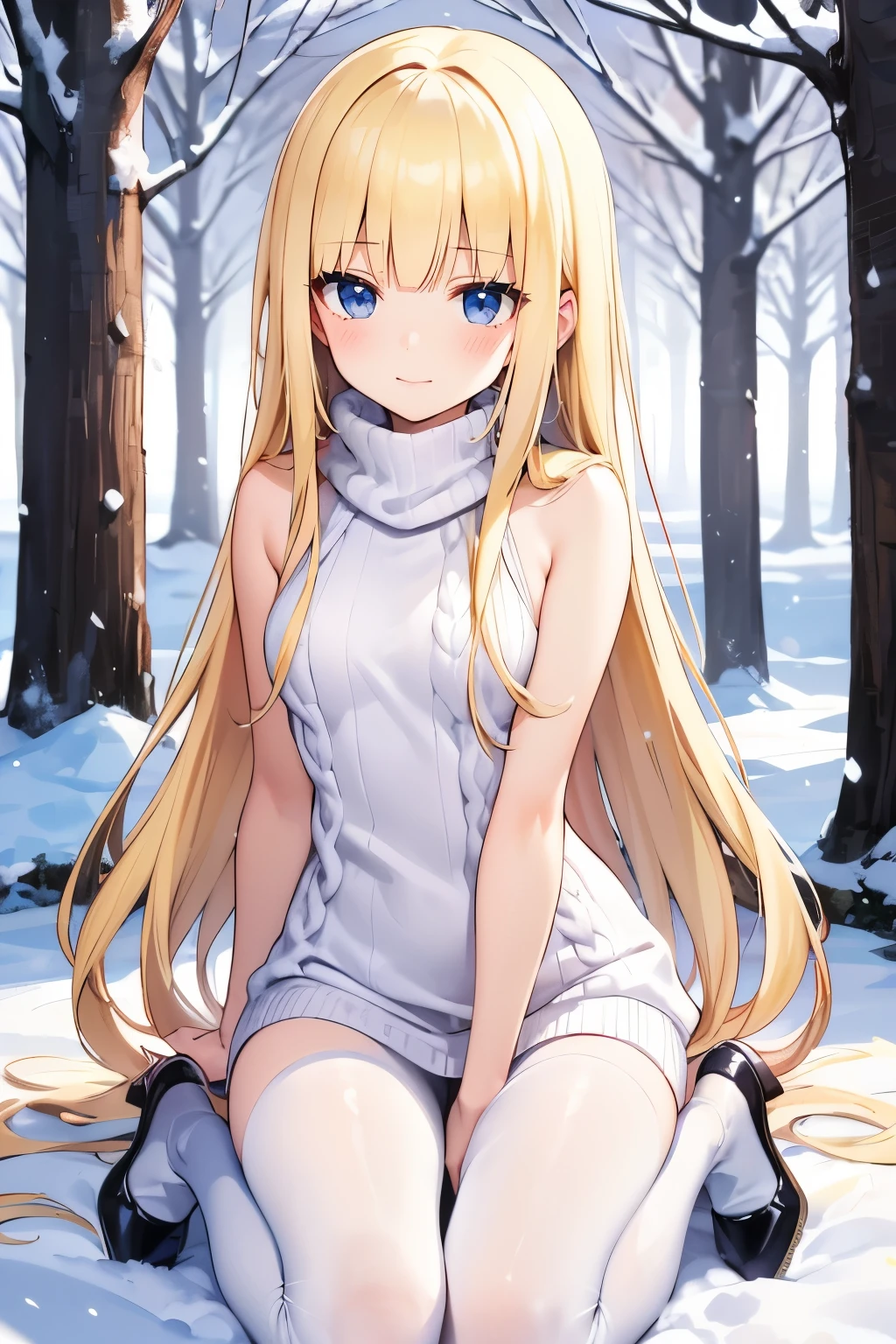 Safe for work, masterpiece, best quality, solo, 1 girl,  cute girl, wholesome girl, (young female body:1.4), ( medium small breasts), cowboy shot, shy smile, flustered, yellow hair, voluminous wavy hair, extra long hair, hime cut, very blunt bangs, light blue eyes, detailed eyes, snowy forest trees, snow, hiromashimav1, virgin killer swearer, black knitted jumper, knitted sweater, oversized black sweater, white pantyhose, sitting in the snow, kneeling on the ground snow, white pantyhose, black shoes