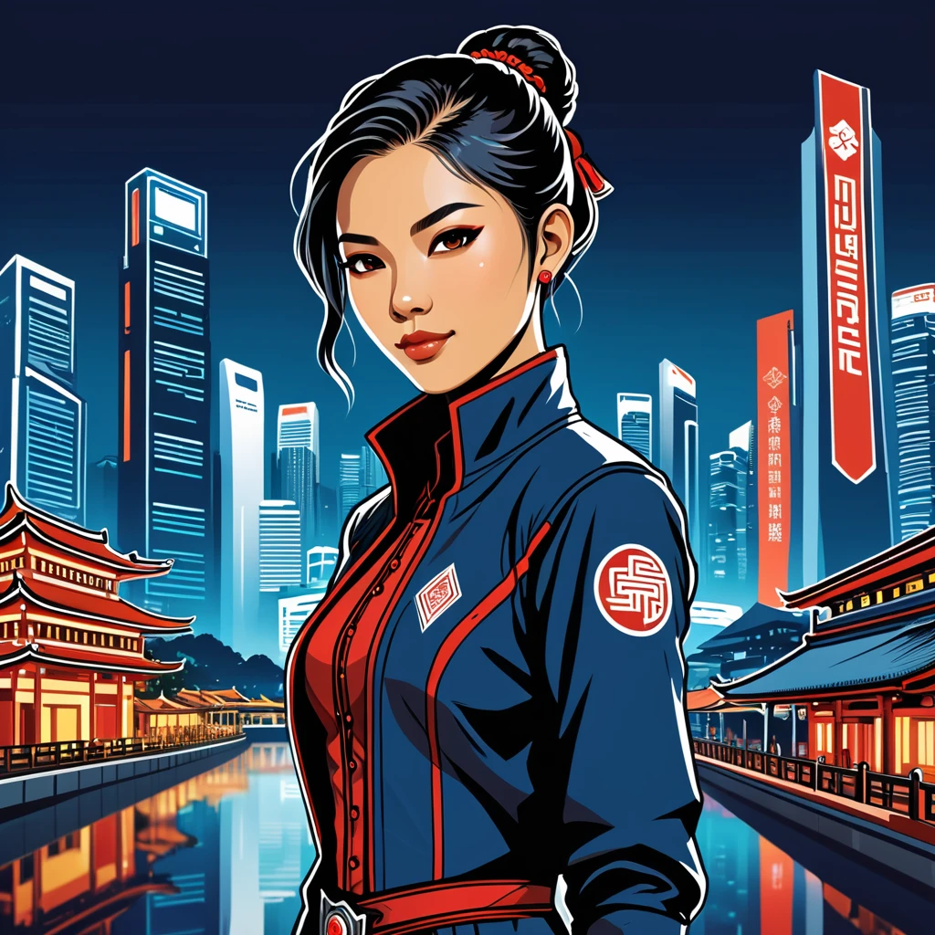 female netrunner in singapore folk outfit ,vector graphics, strong contours, logo design
