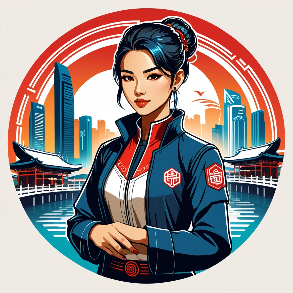 female netrunner in singapore folk outfit ,vector graphics, strong contours, logo design