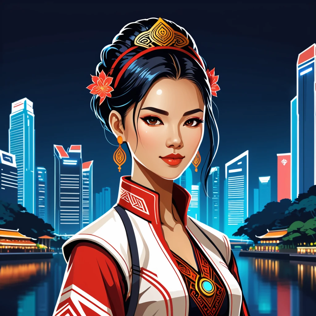 female netrunner in singapore folk outfit ,vector graphics, strong contours, logo design