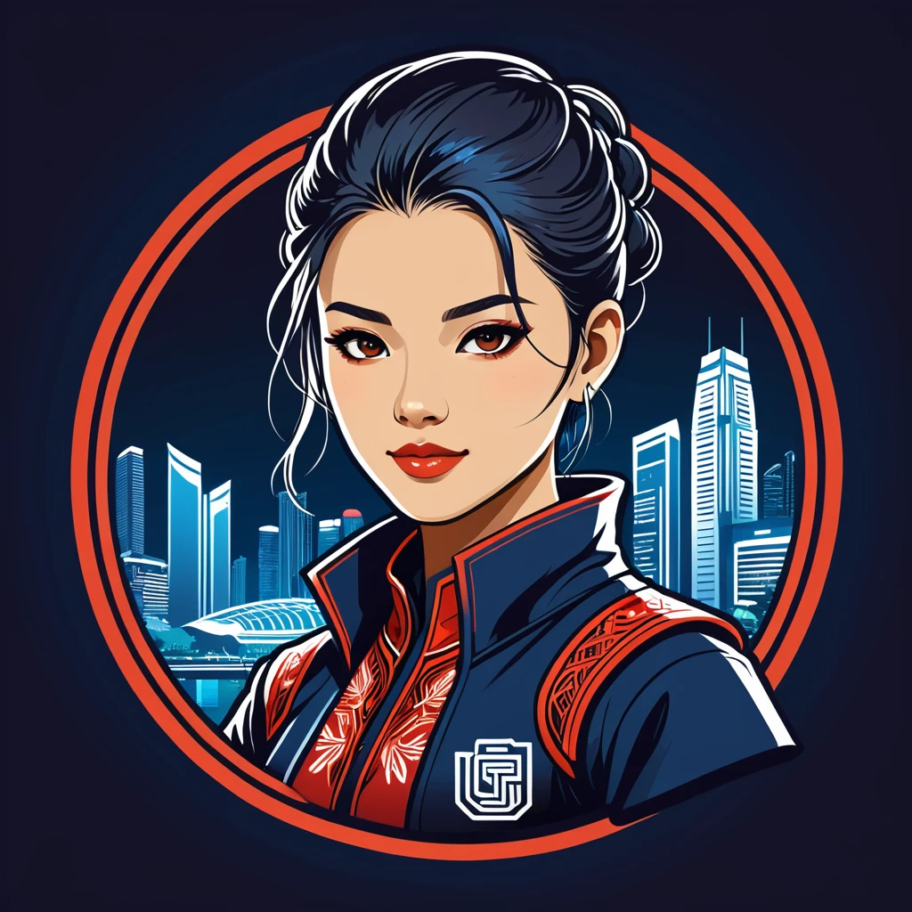 female netrunner in singapore folk outfit ,vector graphics, strong contours, logo design