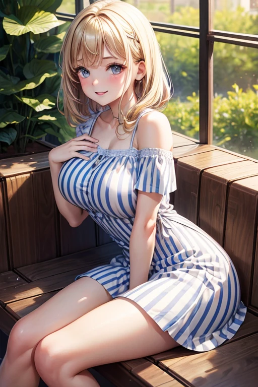 Masterpiece, best quality,, girl (Caucasian), 30 years old, smile, sit,, Vertical striped dress, bare shoulders, open shoulder, short sleeve, open-chest outfit, own hands together, Short skirt to the thigh, very big breasts, very big butt,Put your hand on your chin.,, upper body,,