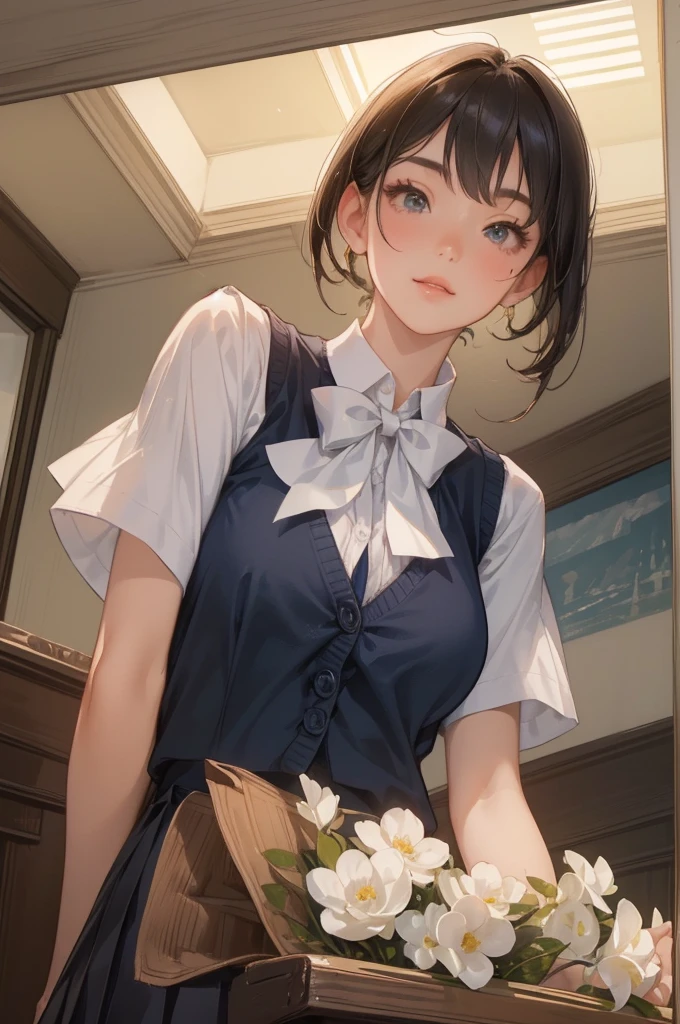 (masterpiece:1.2, highest quality), (realistic, photorealistic:1.4), beautiful illustrations, (natural side lighting, movie lighting), Depth of written boundary, looking at the viewer, (face focus, Upper body), Front view, 1 girl, Japanese, high school girl, 15 years old, perfect face, Cute symmetrical face, shiny skin, (bob hair:1.7,black hair), asymmetrical bangs, Big eyes, droopy eyes, long eyelashes chest), thin, beautiful hair, beautiful face, fine and beautiful eyes, beautiful clavicle, beautiful body, beautiful breasts, beautiful thighs, beautiful feet, beautiful fingers, ((fine fabric texture, Brown knitted vest, short sleeve white collar shirt, navy pleated skirt, Navy bow tie)), (beautiful scenery), evening, (Inside the flower shop), Are standing, (smile, Upper grade, open your mouth), (from below:1.5),(visibility is low:1.5), 