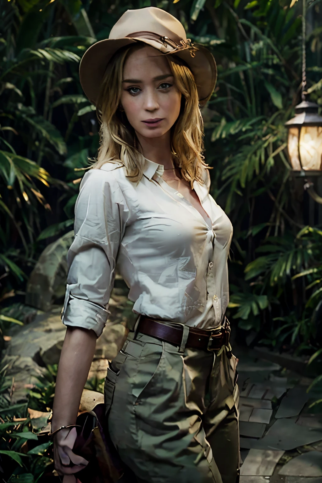 beautiful Emily Blunt as a sexy blonde explorer, wearing a green button down shirt with the sleeves rolled up, khaki pants with a belt, hat, holding a lantern, amazon jungle background, (masterpiece, best quality:1.4)best quality, high detail, (detailed face), detailed eyes, detailed skin, (beautiful, aesthetic, perfect, delicate, intricate:1.0), (beautiful, gorgeous, flawless complexion:1.2), smug, smirk, standing, sensual, erotic, european, caucasian, detailed background,(masterpiece:1.2), subsurface scattering, heavy shadow, professional photography, HDR, 8k, High Dynamic Range, realistic, rule of thirds, film photography, DSLR ,