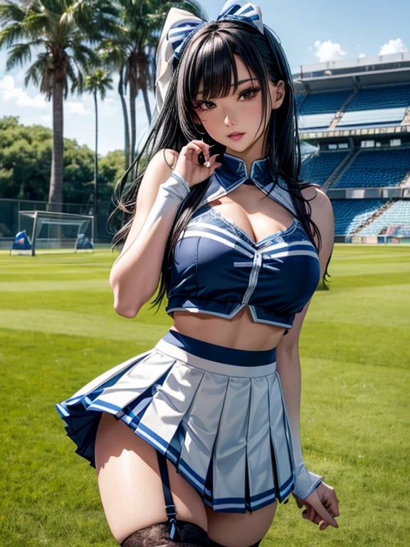 Photorealistic, high resolution, A Japanese Cheerleader named Jade, solo, makeup, Double D bust. Hips up, (Detailed face), Pale Blue Cheerleader outfit with short pleated skirt. Black hair, Long hair, Skirt opened to reveal Blue lace Panties and thigh high black and white striped Socks. black micro skirt, . Fully clothed, park setting