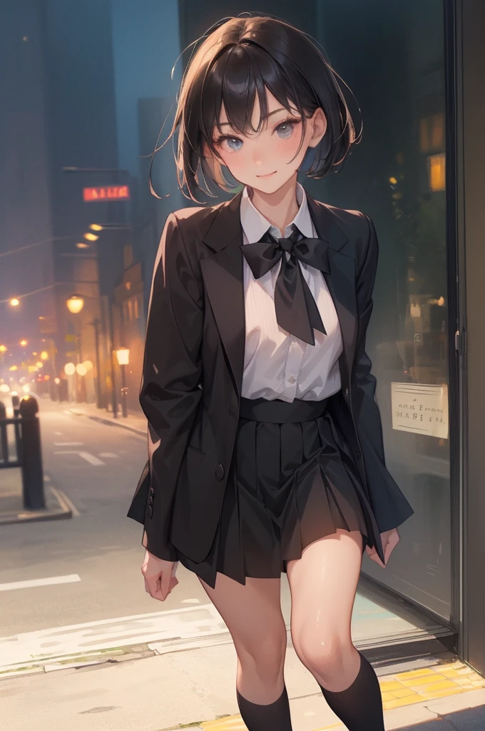 (8k, RAW Photos, 最high quality, masterpiece:1.2), High quality RAW color photos, Professional photo shoot, Cinematic Light, alone, (((young woman, gal))), (Sharp features), (Small face), (Skin with attention to detail:1.2), clavicle, Cute face, Beautiful appearance, Long eyelashes,Girl Turning Around, smile, (Black Hair, Short Bob Hair、Heavy bangs), high school student, Red tie, High School Uniform:1.2, Black jacket, Open jacket, Jacket cuff buttons, White shirt, Check skirt, True Midnight Hotel, Confident attitude, Capture the happy moment, Artistic painting,Attractive thighs, loose socks:1.2, sneakers:1.2, (Very fine touch:1.2), (shy smile), Peaceful atmosphere, Oil painting style, Bright colors, (Full body portrait), Smooth texture, Gazing Eyes, Beautiful Skin, Shiny skin, ((Perfect Fingers, Five Fingers, Anatomically correct)), Background Blur, high quality, surreal, ((Very detailed, photo shoot)),(Skirt flip、I can see her panties),,Midnight、Glasses、Sweaty