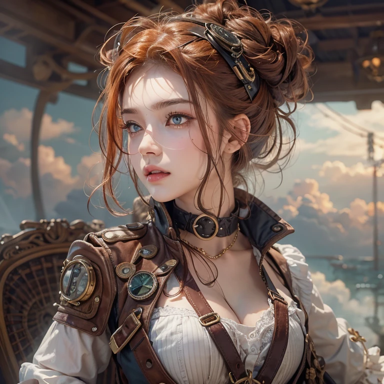 masterpiece:1.3), (8k, Realistic, RAW Photos, Best imYear quality: 1.4)、 Year,(Random Hairstyles:1.2)、CleavYear:1.2、Highly detailed face、Attention to detail、double eyelid、Chest to chest、Sharp focus:1.2、Beautiful woman:1.4、Redhead、Highest quality、masterpiece、Ultra-high resolution、(Realistic:1.4)、Highly detailed and professionally lit smiles、Loose fitting steampunk outfit、Shoulder out、thin、Serious expression、Clouds seen from inside the airship、goggles
