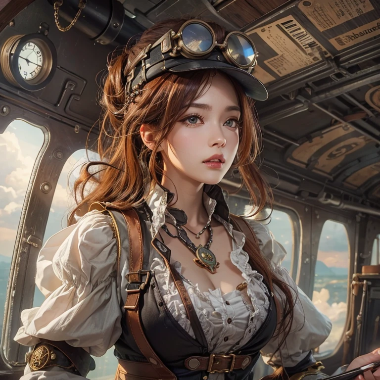 masterpiece:1.3), (8k, Realistic, RAW Photos, Best imYear quality: 1.4)、 Year,(Random Hairstyles:1.2)、CleavYear:1.2、Highly detailed face、Attention to detail、double eyelid、Chest to chest、Sharp focus:1.2、Beautiful woman:1.4、Redhead、Highest quality、masterpiece、Ultra-high resolution、(Realistic:1.4)、Highly detailed and professionally lit smiles、Loose fitting steampunk outfit、Shoulder out、thin、Serious expression、Clouds seen from inside the airship、goggles